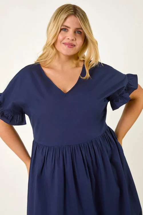 Roman Navy Curve Cotton V-Neck Frill Dress - 20 Image 4