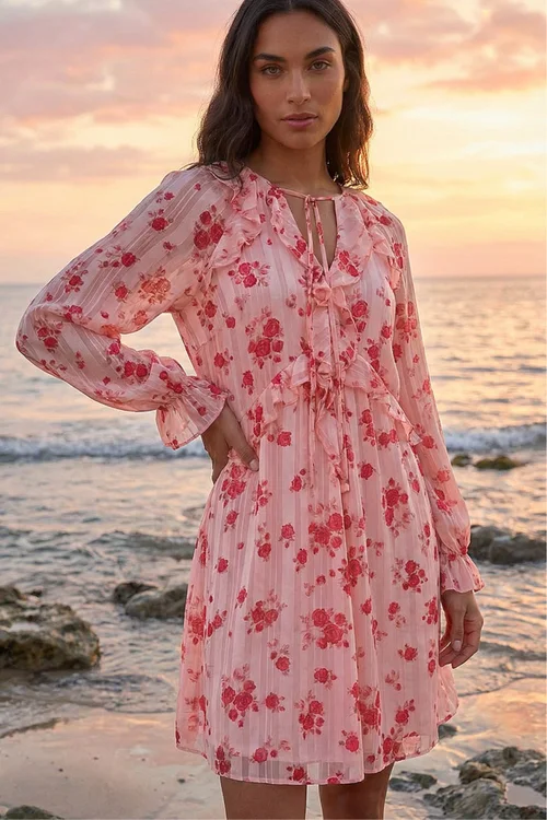 Roman Light Pink Rose Print Ruffle V-Neck Smock Dress - 20 Image 3