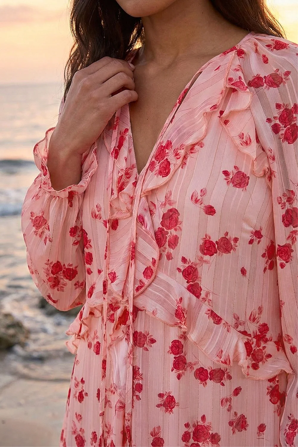 Roman Light Pink Rose Print Ruffle V-Neck Smock Dress - 20 Image 4