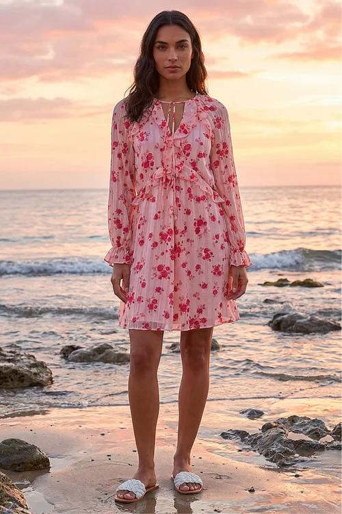 Roman Light Pink Rose Print Ruffle V-Neck Smock Dress - 20 Image 1