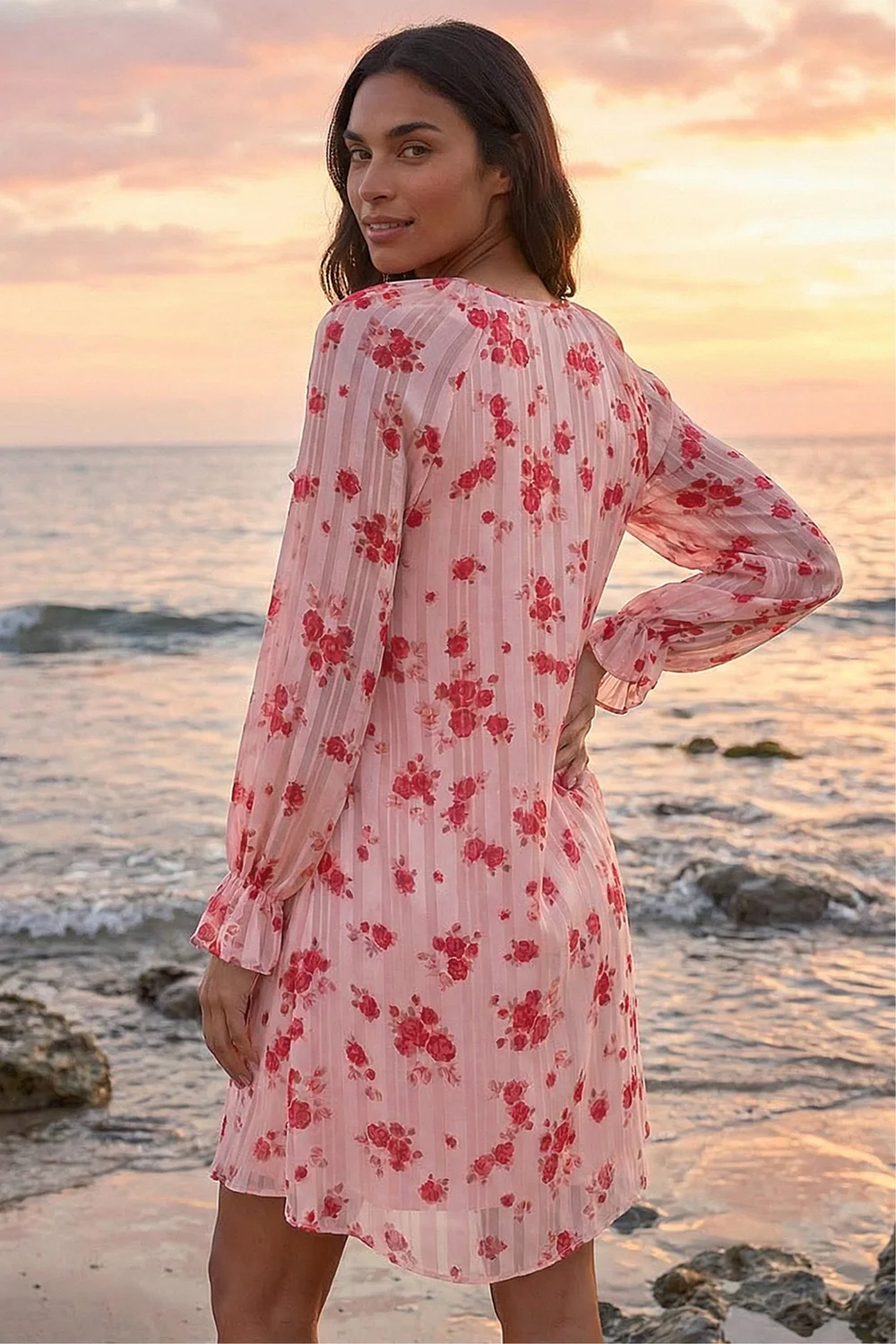 Roman Light Pink Rose Print Ruffle V-Neck Smock Dress - 20 Image 2