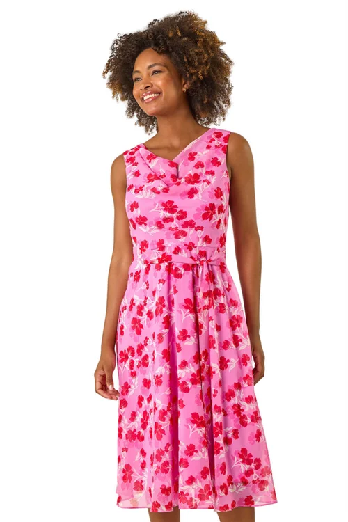 Roman Pink Floral Print Chiffon Cowl Neck Dress - 12 Image 1