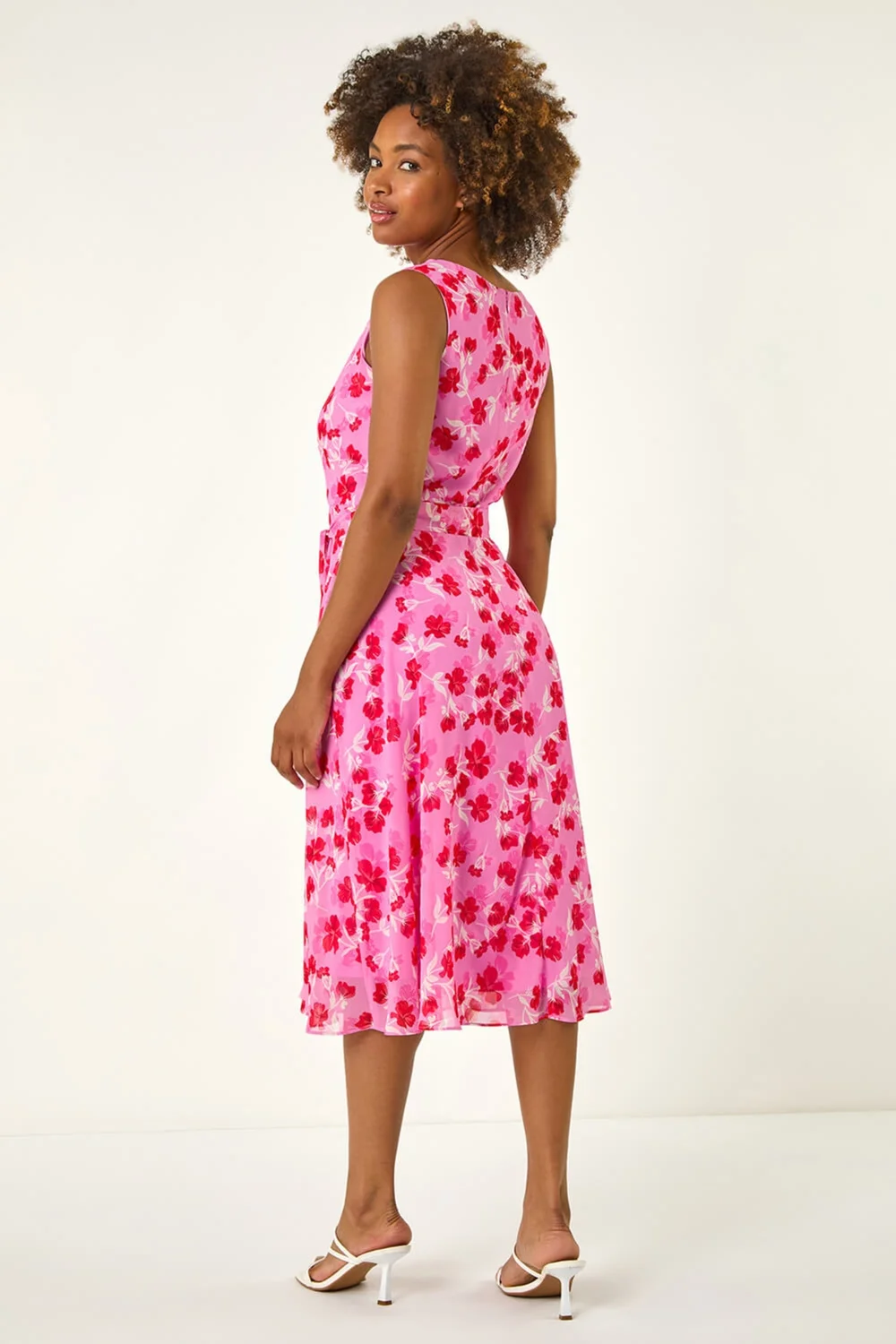 Roman Pink Floral Print Chiffon Cowl Neck Dress - 12 Image 3