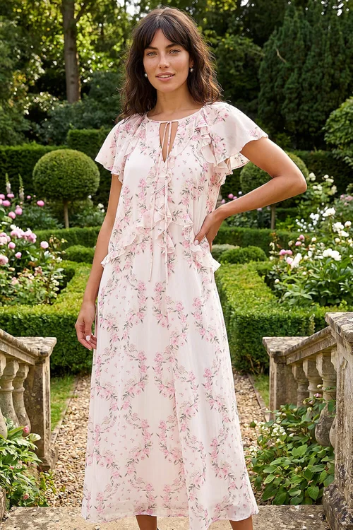 Roman Light Pink Floral Frill Flutter Sleeve Dress - 10 Image 3