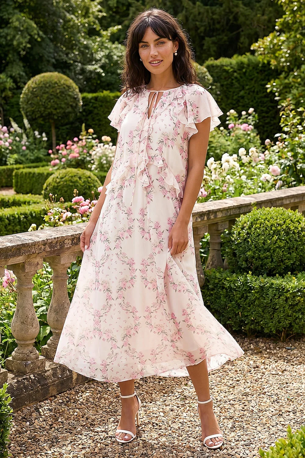 Roman Light Pink Floral Frill Flutter Sleeve Dress - 10 Image 1