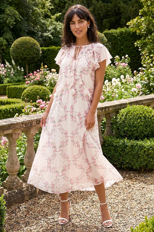 Roman Light Pink Floral Frill Flutter Sleeve Dress - 10 Image 1