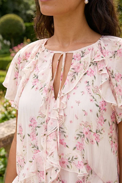 Roman Light Pink Floral Frill Flutter Sleeve Dress - 10 Image 4