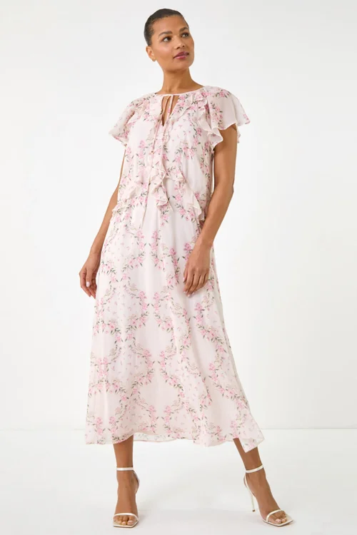 Roman Light Pink Floral Frill Flutter Sleeve Dress - 16 Image 2