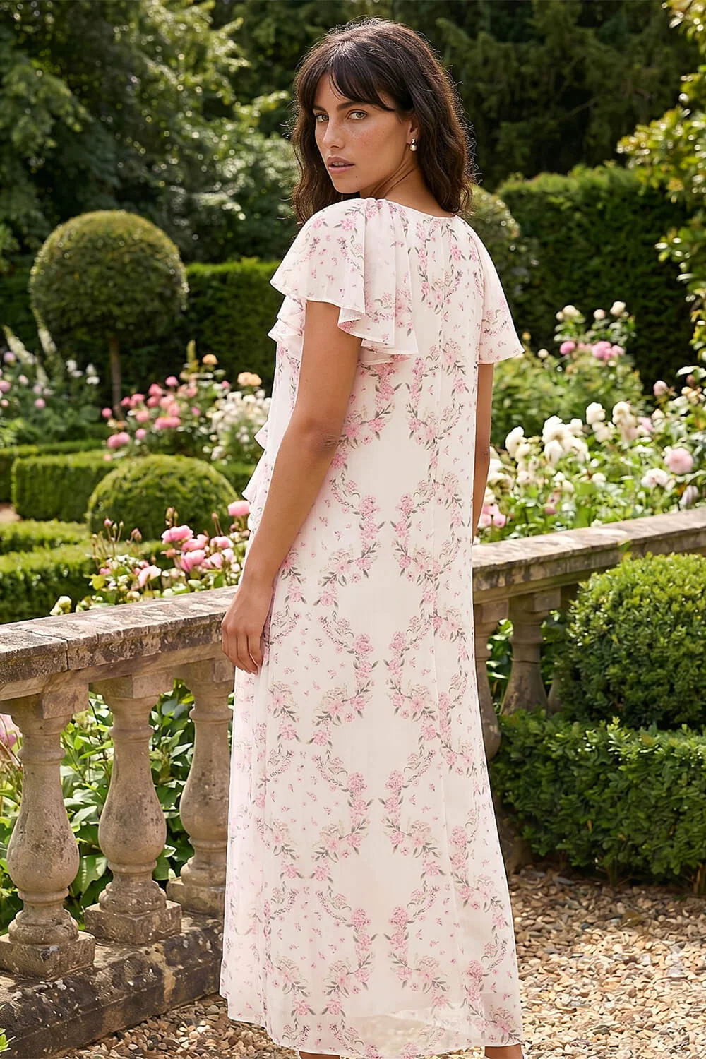 Roman Light Pink Floral Frill Flutter Sleeve Dress - 10 Image 2