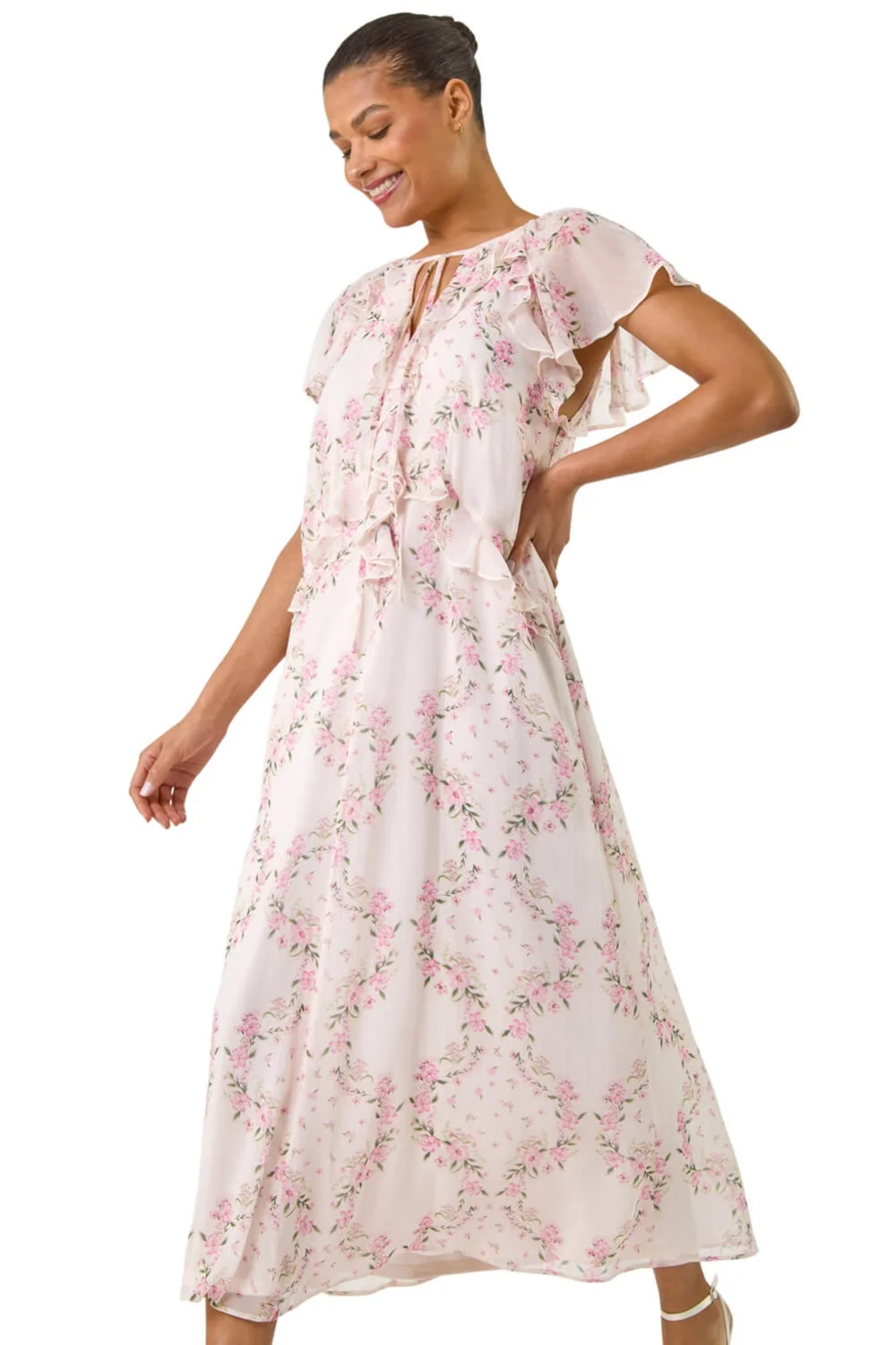 Roman Light Pink Floral Frill Flutter Sleeve Dress - 16 Image 1