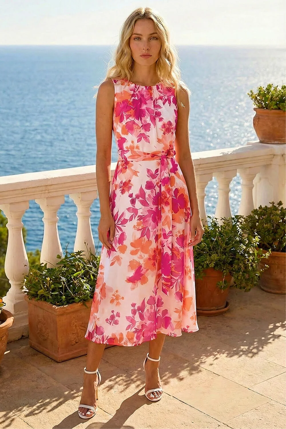 Roman Pink Floral Pleated Neck Midi Dress - 18 Roman Pink Floral Pleated Neck Midi Dress - 18