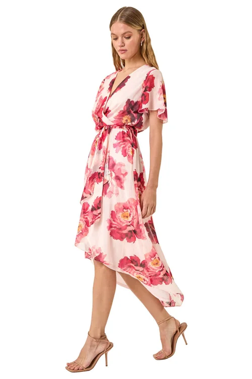 Roman Pink Floral Print Midi Wrap Dress - 14 Image 2