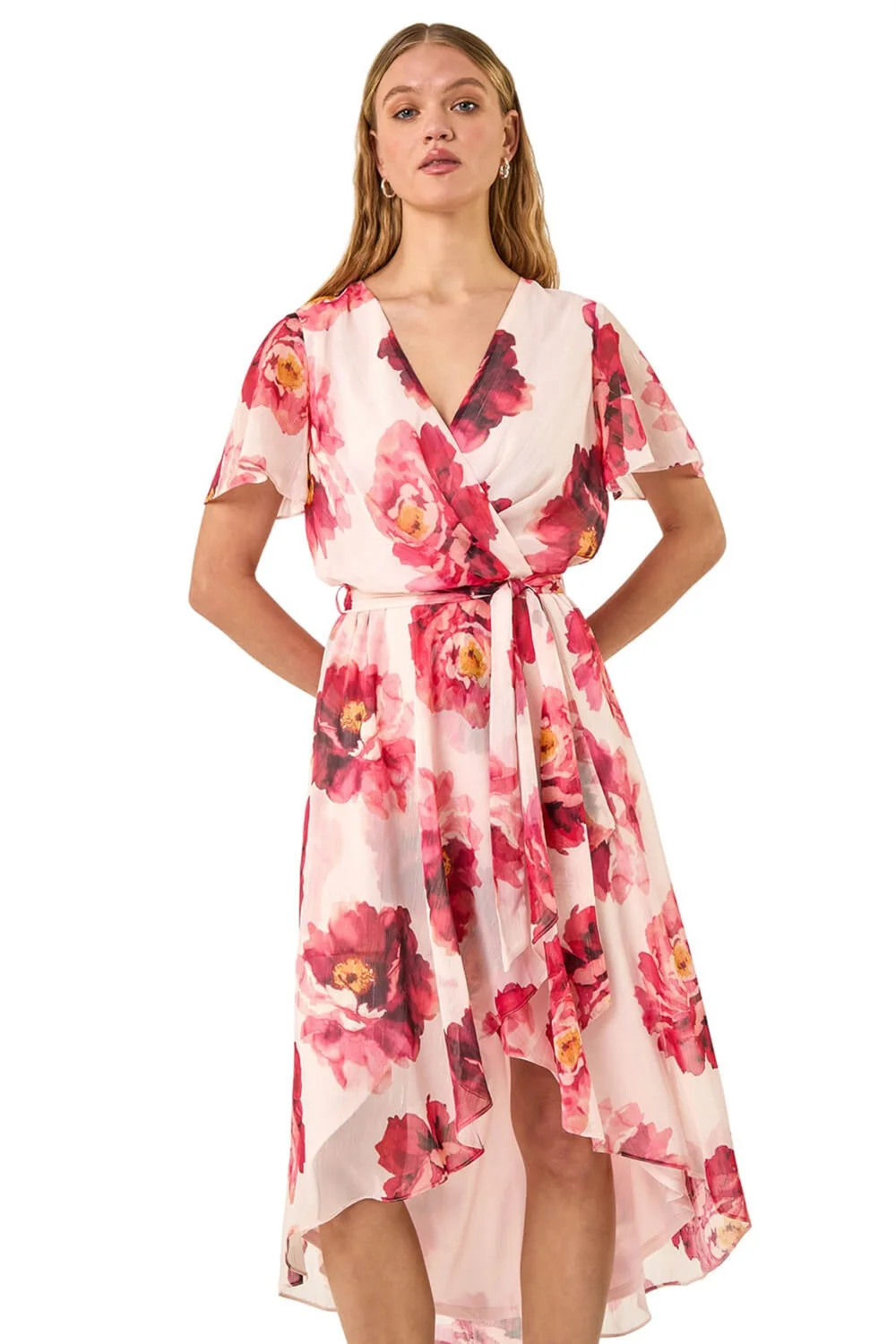 Roman Pink Floral Print Midi Wrap Dress - 14 Image 1