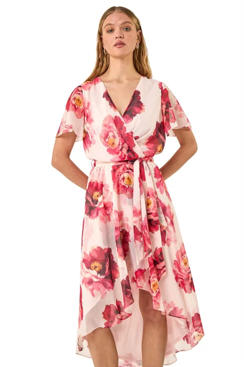 Roman Pink Floral Print Midi Wrap Dress - 14 Image 1