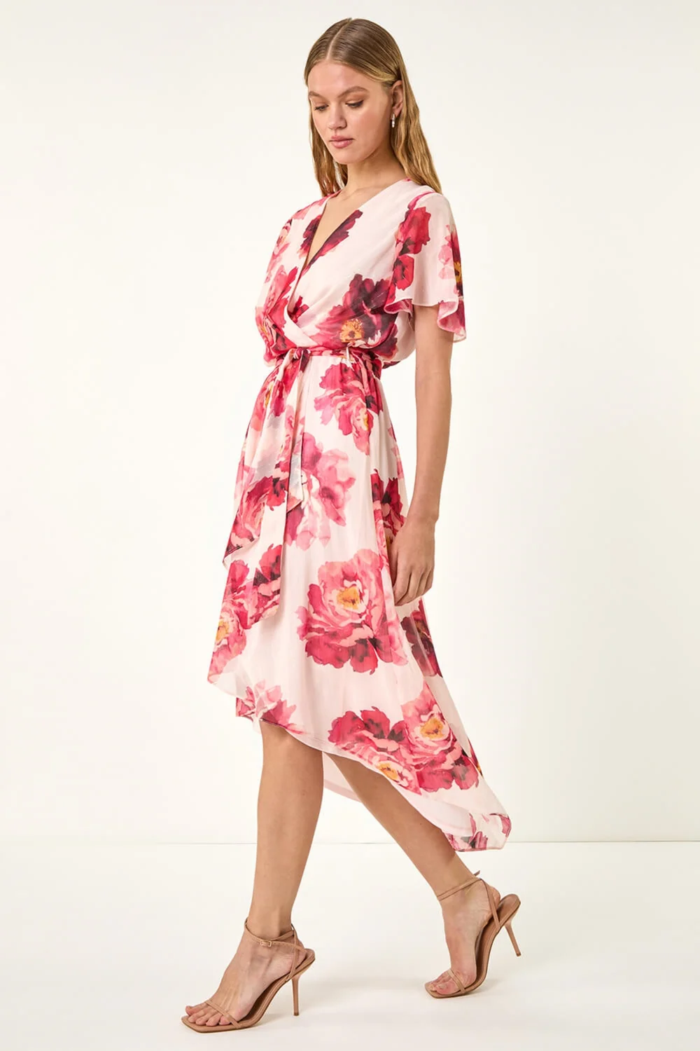 Roman Pink Floral Print Midi Wrap Dress - 14 Image 3