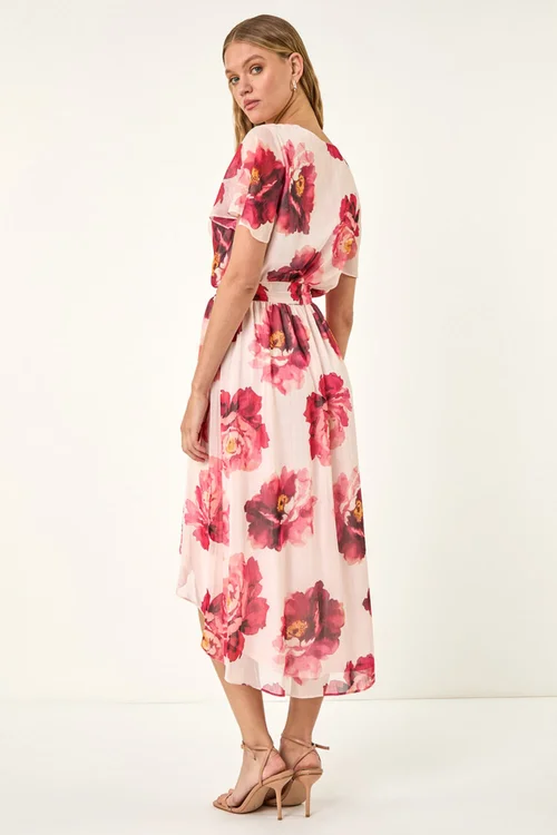 Roman Pink Floral Print Midi Wrap Dress - 14 Image 4