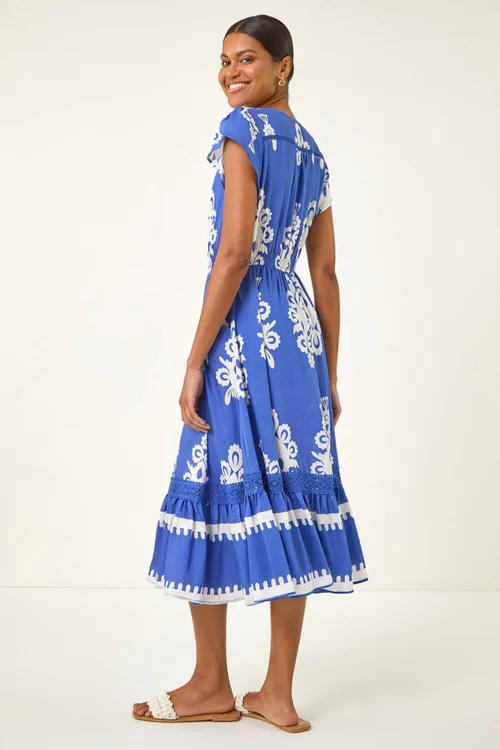Roman Royal Blue Paisley Print Buttoned Midi Dress - 18 Image 3