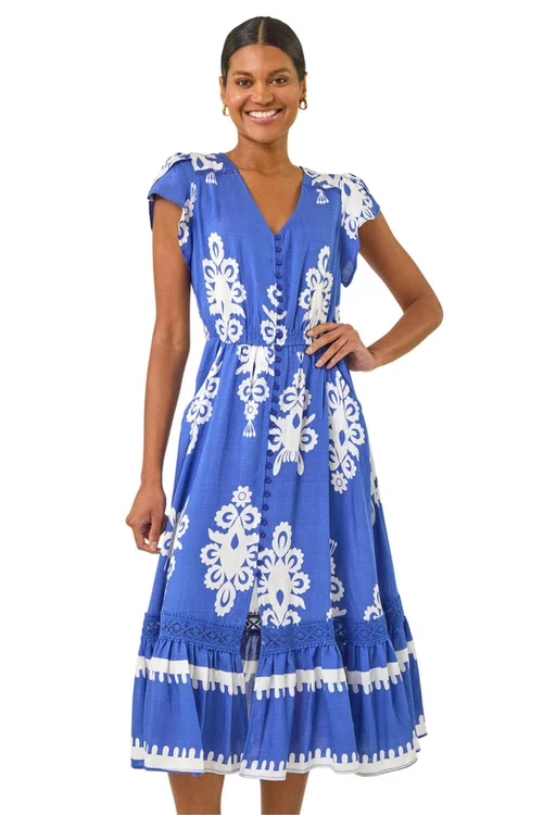 Roman Royal Blue Paisley Print Buttoned Midi Dress - 18 Image 1