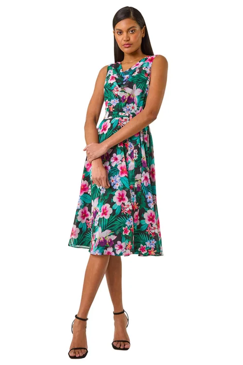 Roman Teal Floral Print Chiffon Cowl Neck Dress - 20 Image 2