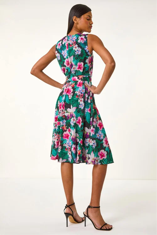 Roman Teal Floral Print Chiffon Cowl Neck Dress - 20 Image 3