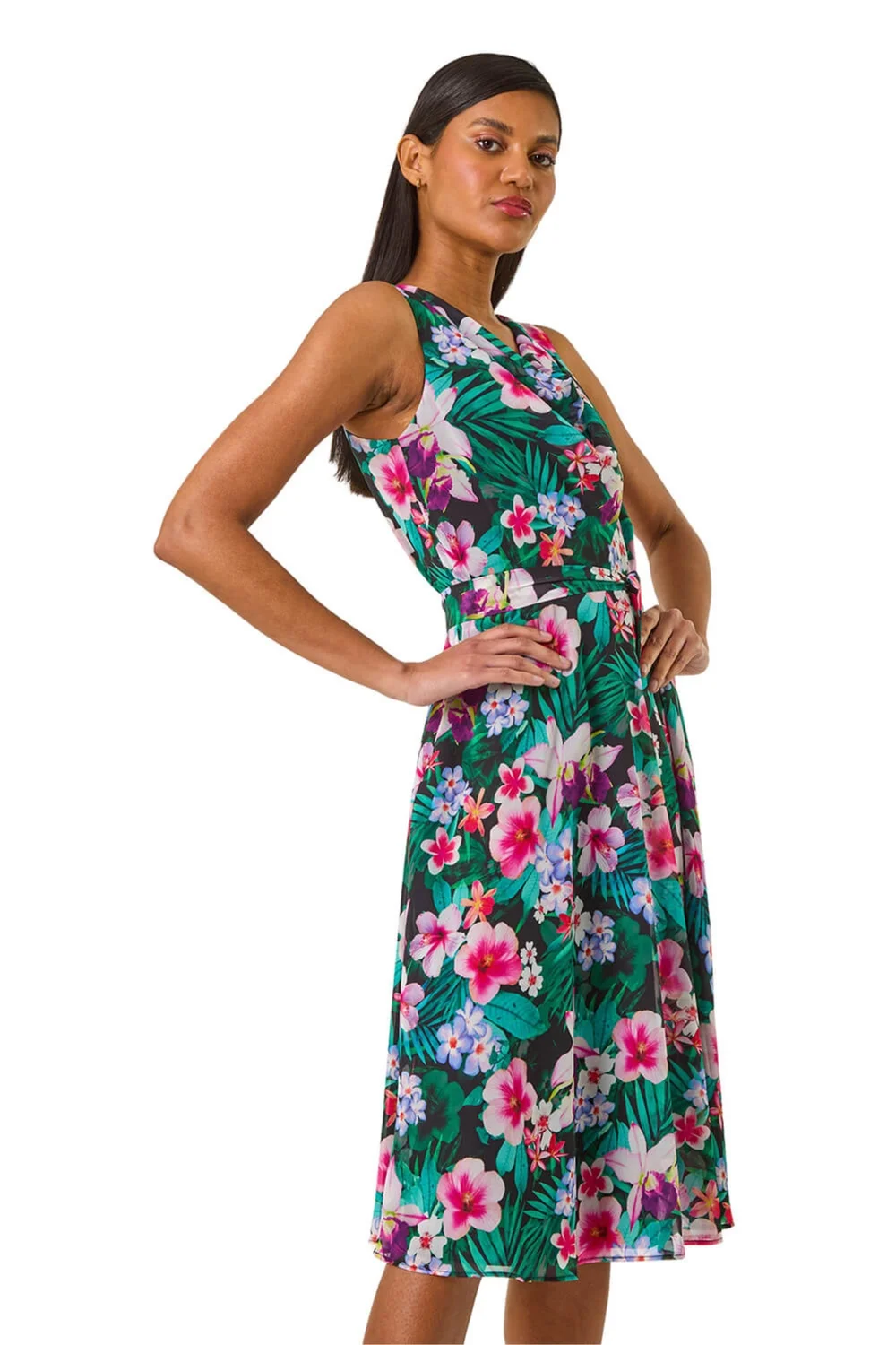Roman Teal Floral Print Chiffon Cowl Neck Dress - 20 Roman Teal Floral Print Chiffon Cowl Neck Dress - 20