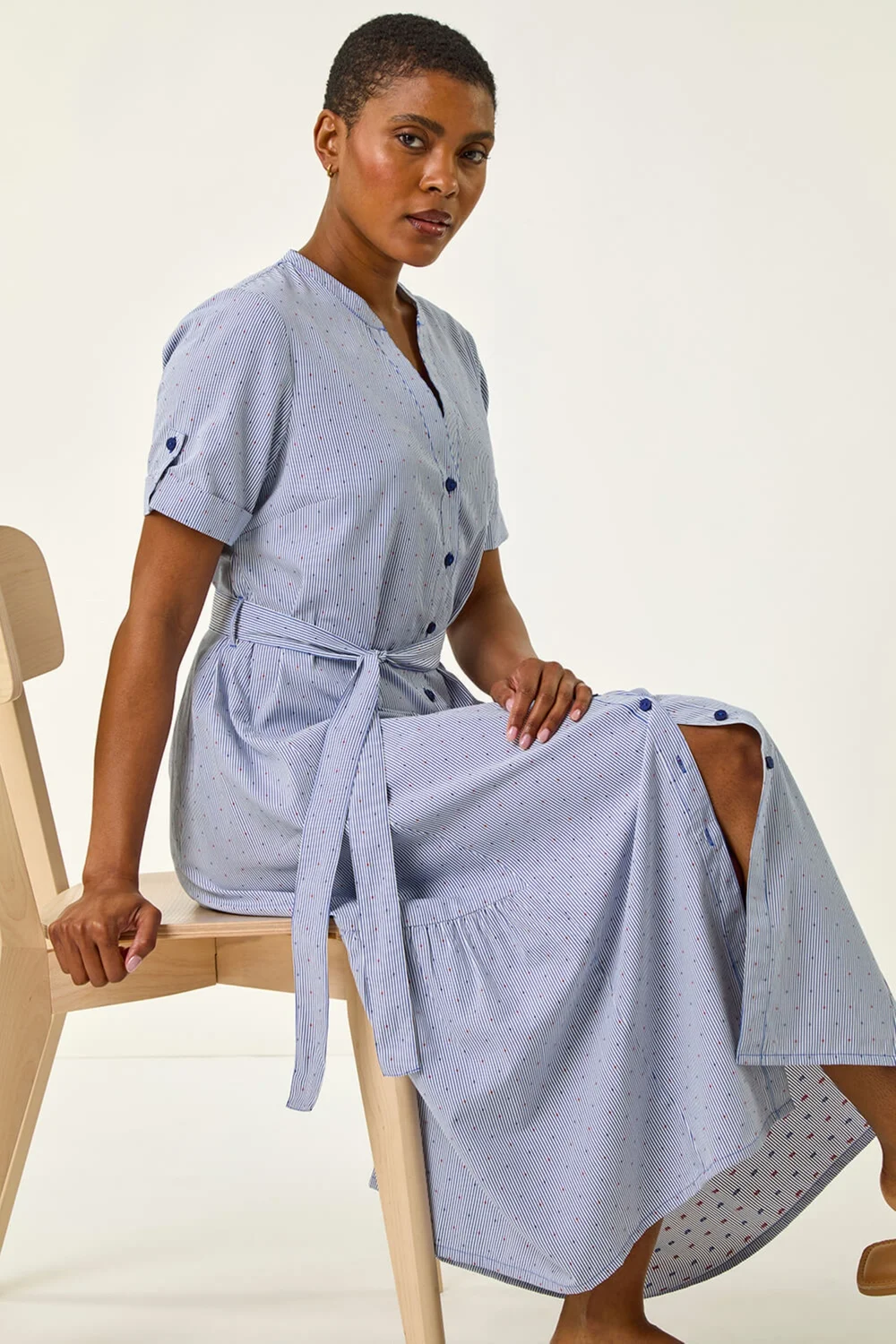 Roman Blue Stripe Tie Waist Midi Dress - 20 Image 3