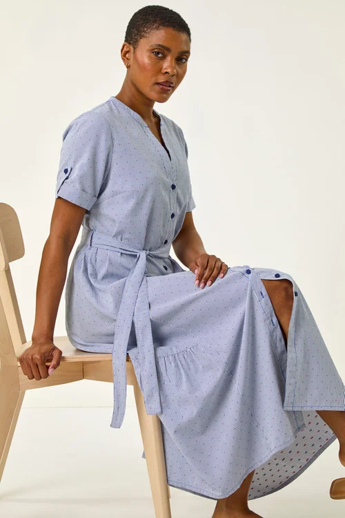 Roman Blue Stripe Tie Waist Midi Dress - 20 Image 3