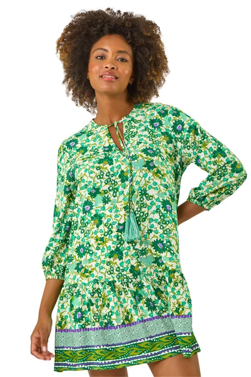 Roman Green Floral Print Border Smock Dress - 14 Image 1