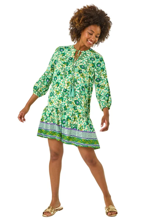 Roman Green Floral Print Border Smock Dress - 14 Image 2