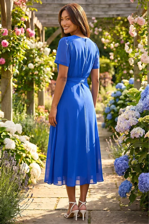 Roman Blue Pleat Chiffon Belted Midi Dress - 10 Image 3