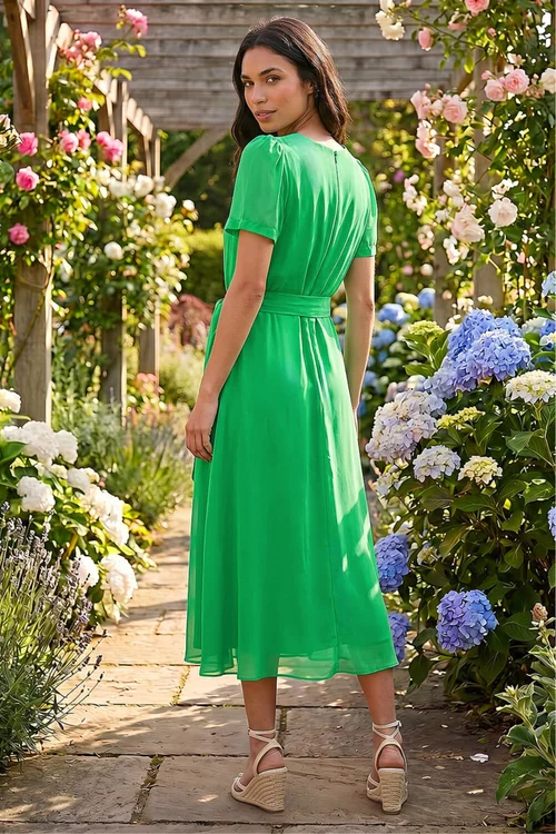 Roman Green Pleat Chiffon Belted Midi Dress - 18 Image 3