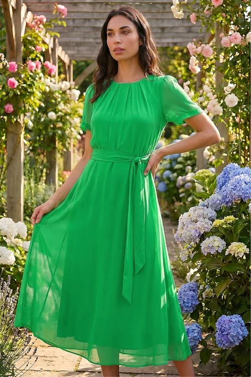 Roman Green Pleat Chiffon Belted Midi Dress - 18 Image 2