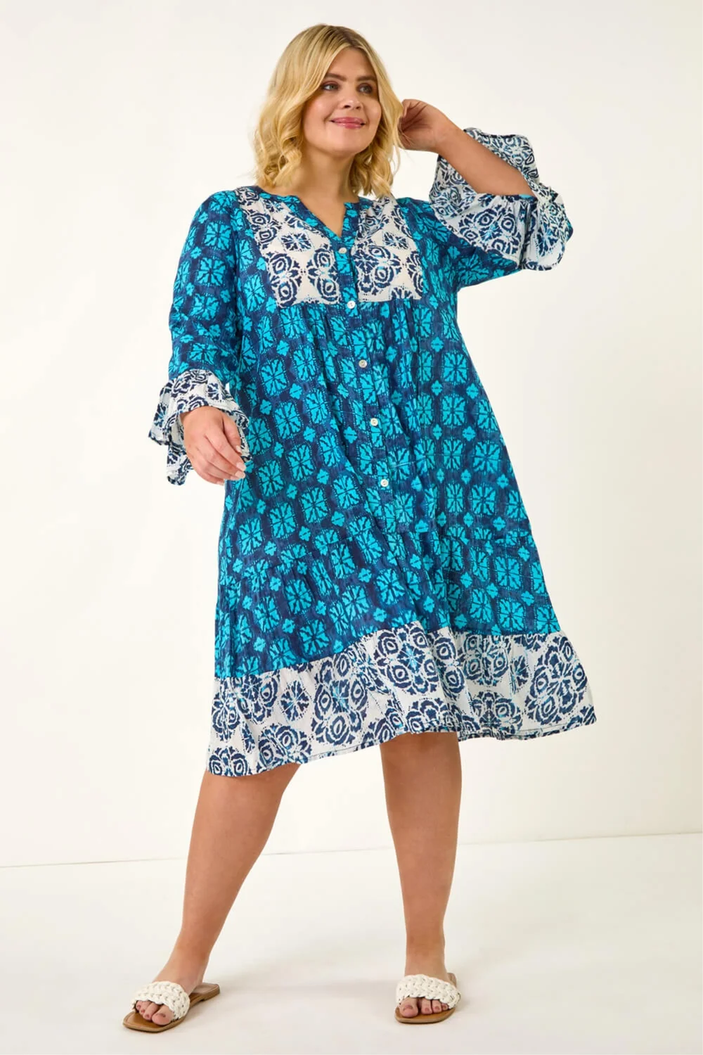 Roman Blue Curve Contrast Print V-Neck Midi Dress - 22-24 Image 2