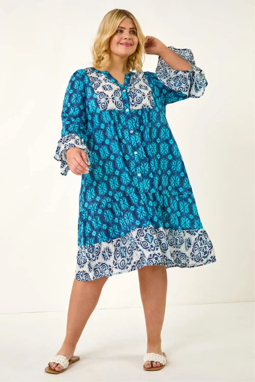 Roman Blue Curve Contrast Print V-Neck Midi Dress - 22-24 Image 2