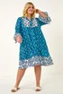Roman Blue Curve Contrast Print V-Neck Midi Dress - 22-24 Image 2