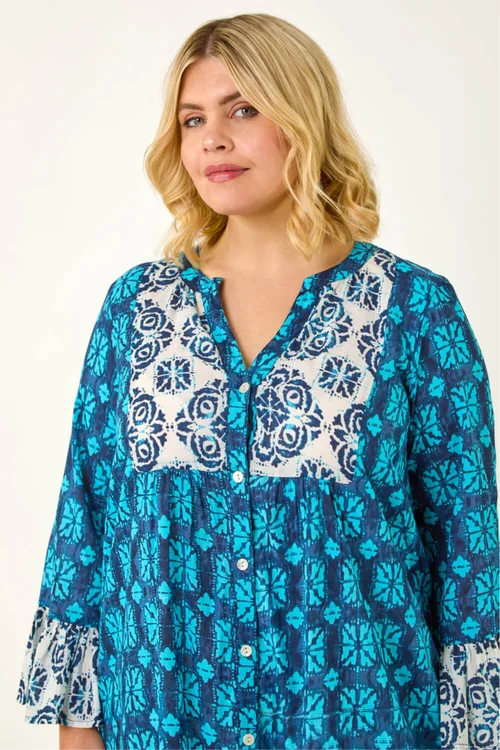 Roman Blue Curve Contrast Print V-Neck Midi Dress - 22-24 Image 4