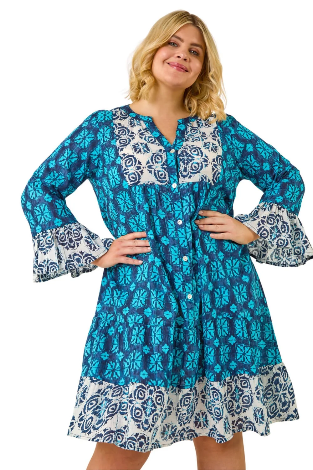 Roman Blue Curve Contrast Print V-Neck Midi Dress - 22-24 Image 1