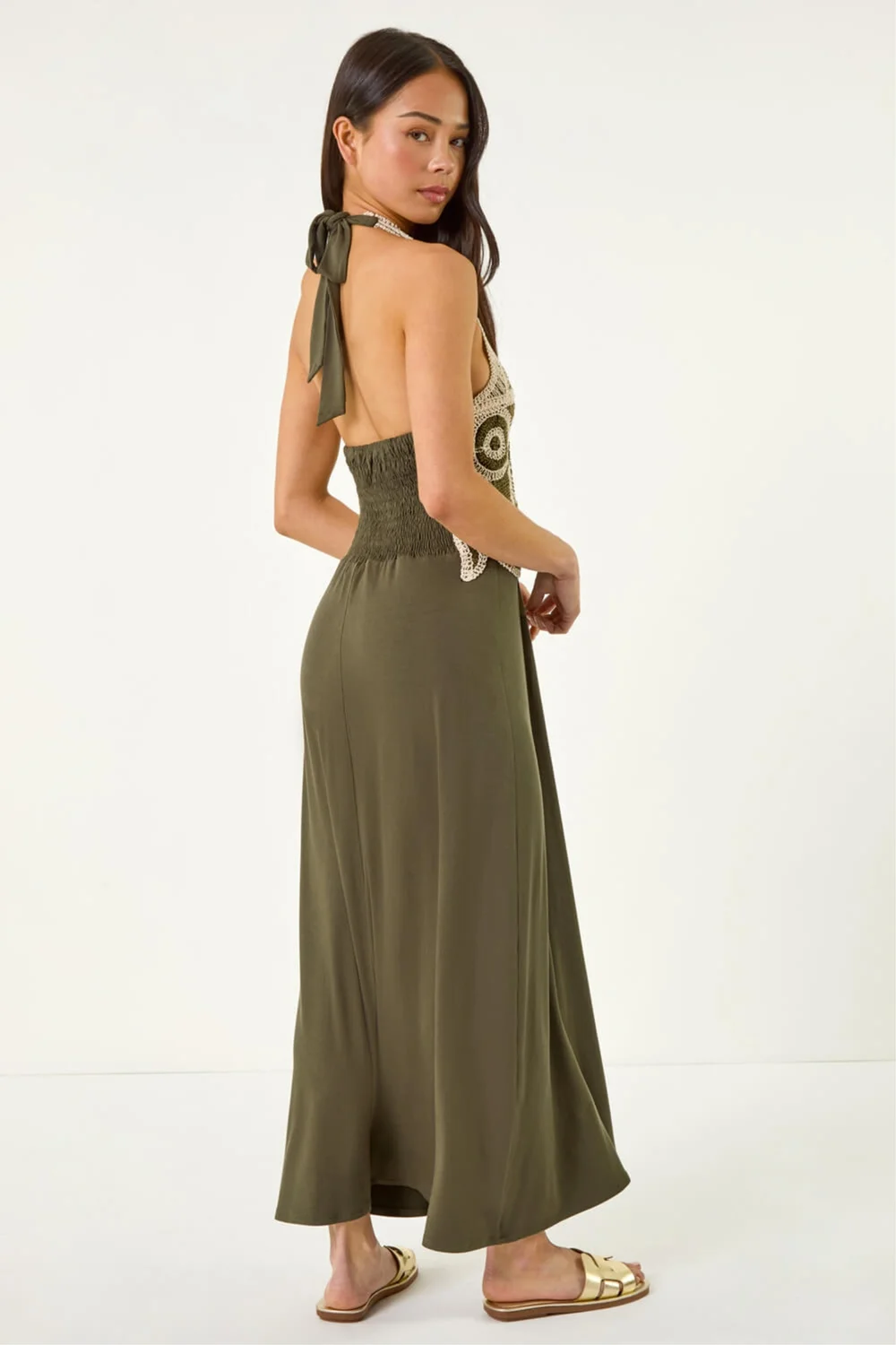 Roman Khaki Petite Crochet Contrast Maxi Dress - 14 Image 3