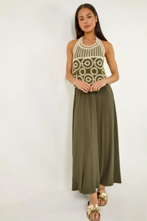 Roman Khaki Petite Crochet Contrast Maxi Dress - 14 Image 4