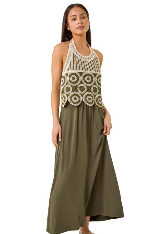 Roman Khaki Petite Crochet Contrast Maxi Dress - 14 Image 1