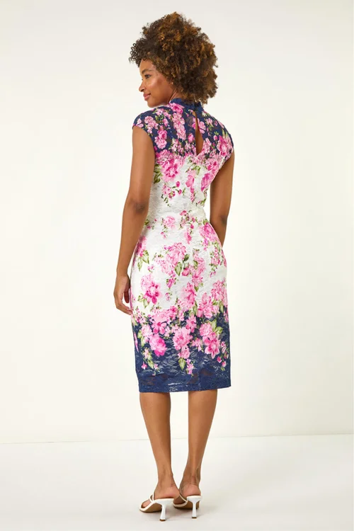 Roman Pink Floral Lace Twist Neck Keyhole Dress - 16 Image 3