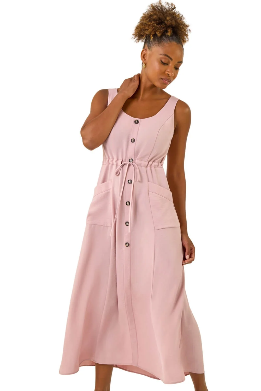 Roman Light Pink Buttoned Tie Waist Midi Dress - 18 Image 1