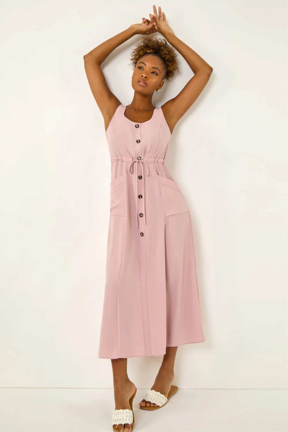 Roman Light Pink Buttoned Tie Waist Midi Dress - 18 Image 2
