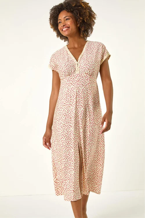 Roman Light Pink Ditsy Lace Trim Midi Dress - 18 Image 4