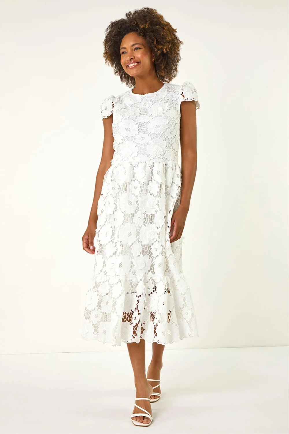 Roman White Crochet Floral Lace Midi Dress - 14 Roman White Crochet Floral Lace Midi Dress - 14