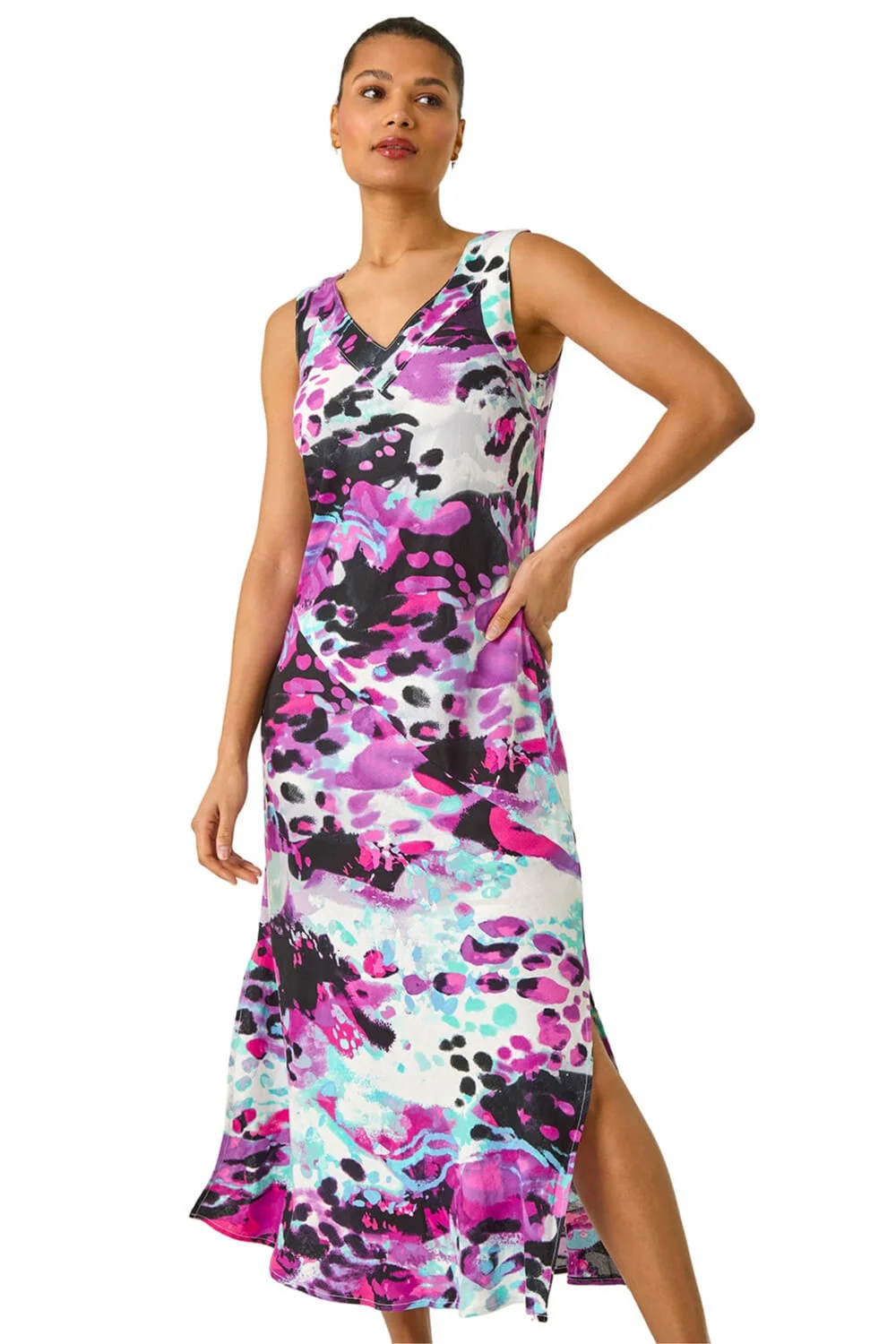Roman Purple Abstract Linen Mix Midi Dress - 20 | Matalan Roman Purple Abstract Linen Mix Midi Dress - 20 | Matalan