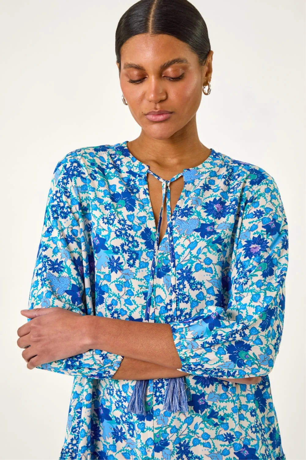 Roman Blue Floral Print Border Smock Dress - 18 Image 3