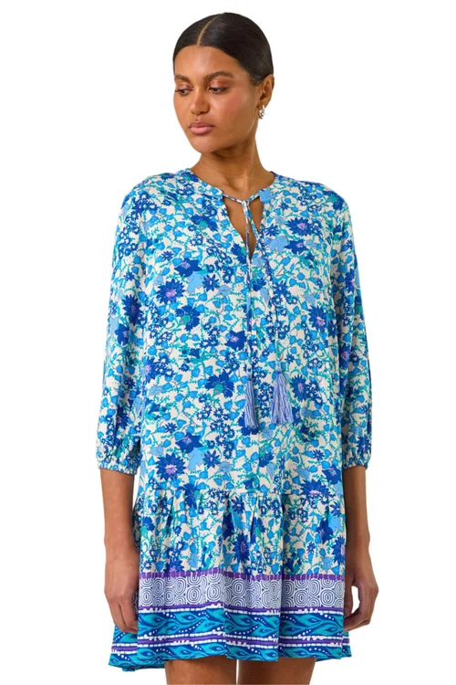 Roman Blue Floral Print Border Smock Dress - 18 Image 1
