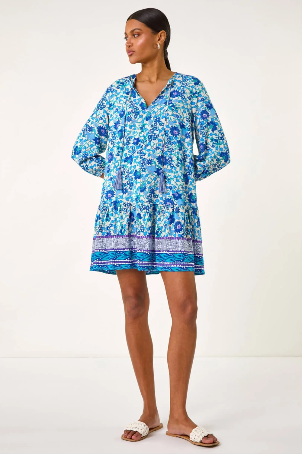 Roman Blue Floral Print Border Smock Dress - 18 Image 2
