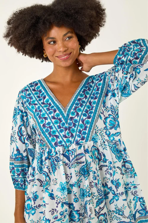 Roman Blue Floral Border Print Dress - 16 Image 4